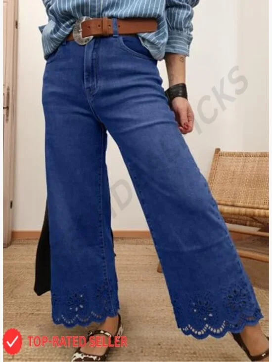 Wide Leg Embroidered Jeans High Waisted Stretchy Straight Leg Loose Fit Denim - Picture 4 of 4